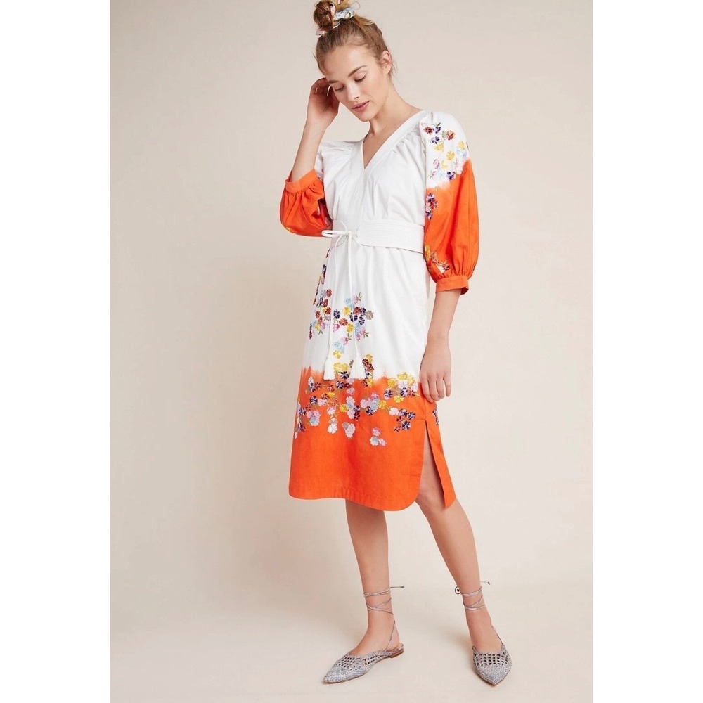 Anthropologie Clemence Dip‎ Dyes Floral Embroidered Midi Dress Orange White 4